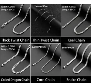 Détail de chaînes en acier inoxydable de styles variés, mailles box et dragon