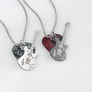 Rock Punk Edelstahl Gitarre Anhänger Halskette Mit Marmormuster Plektrum Musiknote Schmuck Für Damen Herren Geschenk
