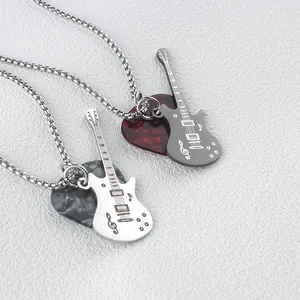 Herren Rock-Gitarren-Halskette aus Edelstahl mit Marmor-Anhängern in Silber und dunklem Grau
