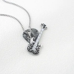 Rock style stainless steel guitar pendant necklace with black white flame and plectrum