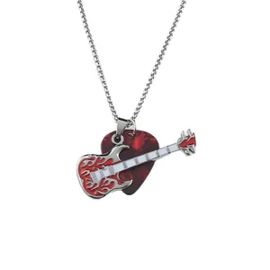 Rock style stainless steel necklace featuring a red guitar pendant with flame pattern