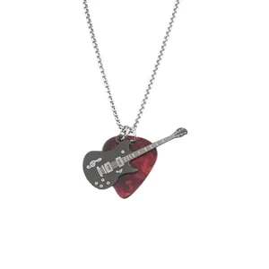 Rock Gitarren-Plektrum Anhänger Halskette aus Edelstahl mit Musiknoten-Gravur