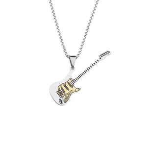 Men's hip hop electric guitar pendant necklace in silver and gold stainless steel