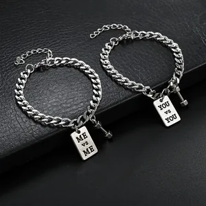 Dumbbell Pendant Bracelet Titanium Steel Cuban Link Chain Alloy Inspirational Quote Tag Hip Hop Fitness Jewelry For Men