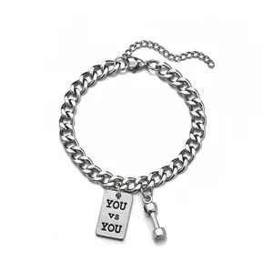Silver fitness bracelet for men featuring dumbbell and YOU VS YOU charms on cuban chain