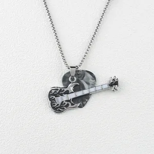 Rock style electric guitar pendant necklace with flame texture on silver steel chain