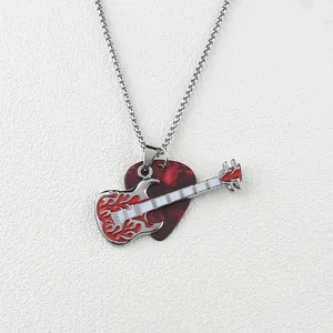 Men's hip-hop guitar pendant necklace with red flame and marble pick on box chain
