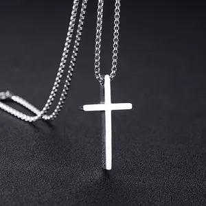 Minimalist Stainless Steel Cross Pendant Necklace For Men Women Punk Hip Hop Jewelry With O-Chain Box Chain Steel Black