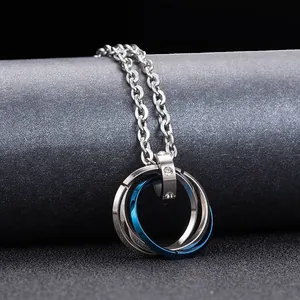 Herren Hip-Hop Halskette mit ineinandergreifenden Ringen in Silber und Blauem Edelstahl
