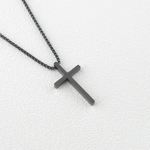 Minimalist matte black titanium cross pendant necklace with black beaded chain style