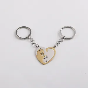 Detail of magnetic heart-shaped cat keychain set in silver and gold tone metal finish