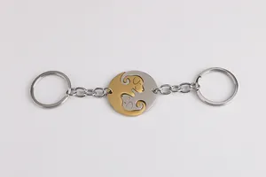 Detailed view of splitting dog-shaped keychain pendant in silver and gold metal