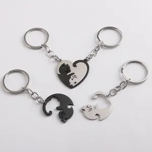Stainless Steel Cat Couple Keychain Black White Gold Splicing Heart Puzzle Key Ring Bag Pendant Fashion Jewelry Gift