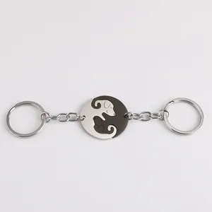 Creative dog puzzle keychain set in silver and black stainless steel for couples