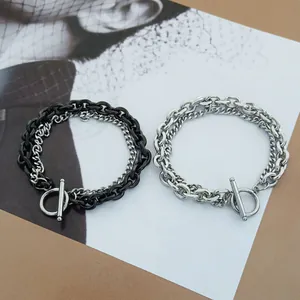 Vintage Punk Double Layer Stainless Steel Chain Bracelet For Men Women OT Toggle Clasp Black Silver Tone Fashion Jewelry