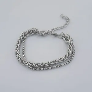 Silbernes Titanstahl-Doppelarmband mit geflochtener Weizen- und Box-Ketten-Design
