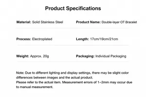 Detailed spec sheet for double-layered stainless steel OT bracelet with size and weight specs