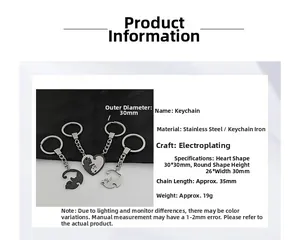 Macro view of stainless steel cat couple keychain set with size and material specifications