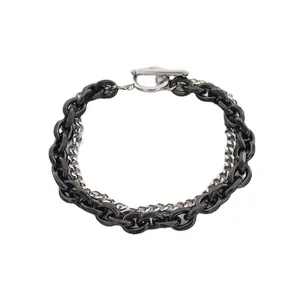 Double-layered black and silver stainless steel chain bracelet with OT toggle clasp