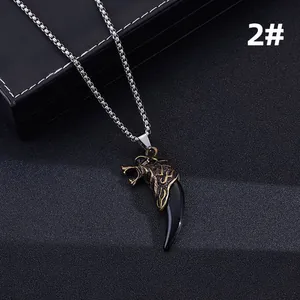 Retro punk wolf head and fang pendant necklace for men with vintage bronze finish
