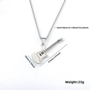Detailed specs of stainless steel guitar pendant with 3mm box chain and dimensions