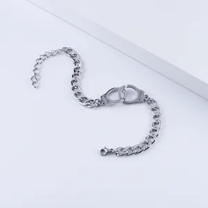 Silver stainless steel handcuffs bracelet with Freedom engraving on Cuban chain
