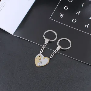 Couples stainless steel cat keychain set with silver and gold heart pendant charms