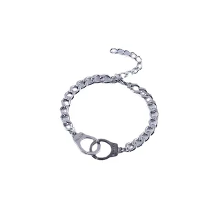 Punk style stainless steel curb chain bracelet with freedom handcuffs charm in silver
