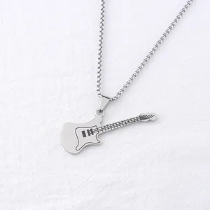 Close-up of a silver stainless steel guitar pendant with fine musical instrument details