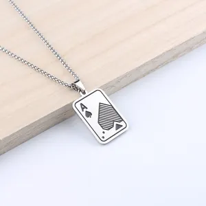 Men's stainless steel necklace featuring a poker card Ace pendant on a wooden background