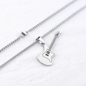 Detailed macro view of silver electric guitar pendant with polished box chain necklace