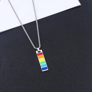 Rainbow striped stainless steel rectangle pendant necklace with fine box chain for men and women