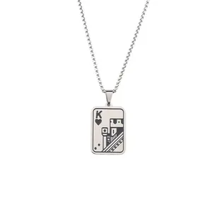 Silver stainless steel king of hearts playing card pendant necklace for men and women