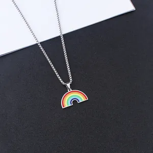Rainbow enamel semicircular pendant with silver stainless steel box chain for unisex