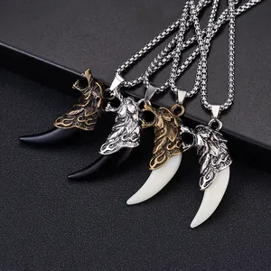 Vintage Alloy Resin Wolf Tooth Tiger Head Pendant Necklace Punk Ethnic Totem Men Jewelry Long Chain Gift Accessory
