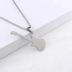 Detail view of a polished silver stainless steel electric guitar pendant on a metal chain