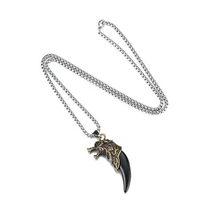Tribal wolf head pendant necklace with black curved tooth on a steel box chain