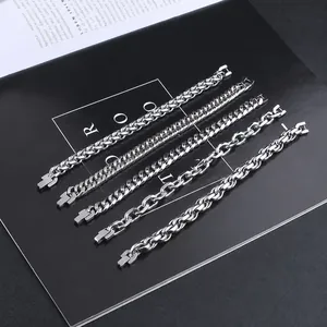 Comparison of five diverse styles of stainless steel chains with a polished silver finish