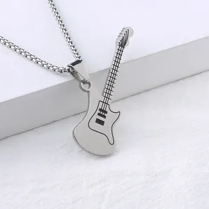 Polished Stainless Steel Electric Guitar Pendant Necklace For Men Women Hip Hop Rock Music Jewelry Box Chain Accessory