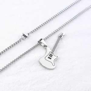 Polished stainless steel electric guitar pendant with box chain for music lovers