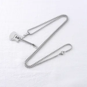 Polished stainless steel electric guitar pendant necklace with intricate engraved details