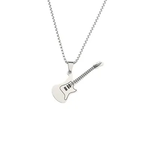 Men's hip hop electric guitar pendant necklace in polished silver stainless steel