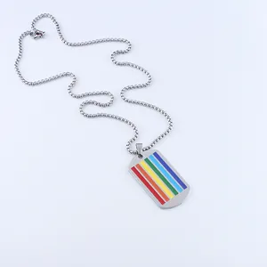 Rainbow striped stainless steel military tag necklace with polished metal chain