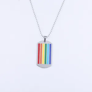 Rainbow striped stainless steel dog tag necklace with dimensions 49mm by 28mm and 60cm chain