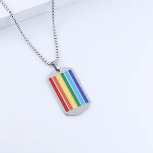 Stainless Steel Rainbow Pride Dog Tag Pendant Necklace For Women Men Minimalist Hip Hop Polished Metal Jewelry Gift
