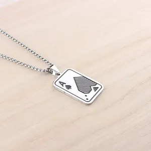 Silver Ace of Spades poker pendant necklace for men with durable box chain detail