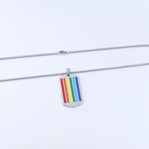 Rainbow stripe stainless steel rectangle pendant necklace with sturdy silver box chain