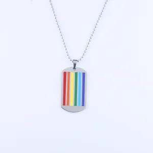 Rainbow striped stainless steel dog tag pendant with silver bead chain for men and women