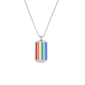 Rainbow dog tag pendant necklace in polished stainless steel with striped pride flag design