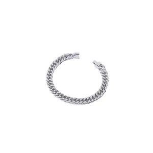 Polished silver stainless steel Cuban link bracelet with rectangle fold-over clasp for men